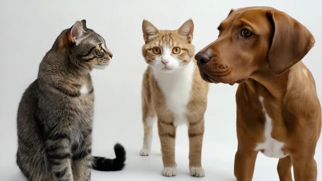 Curious pets interaction: cats and dog engaging in playful stare and communication