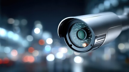 Security Camera Surveillance System with City Lights Bokeh Background