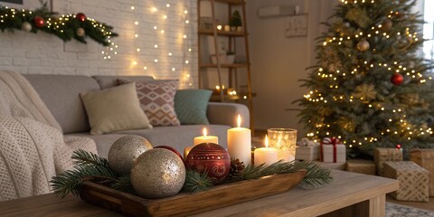 Warm living room interior decorated for Christmas with glowing candles, festive baubles, wreaths, and illuminated tree creating cozy holiday atmosphere. Horizontal stock photo.