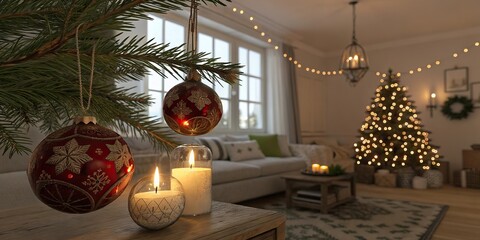 Warm living room interior decorated for Christmas with glowing candles, festive baubles, wreaths, and illuminated tree creating cozy holiday atmosphere. Horizontal stock photo.