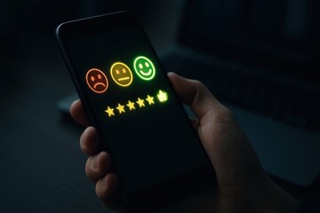 User holding smartphone with glowing feedback icons and star rating system for customer experience, review and satisfaction evaluation

