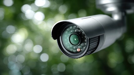 Security Camera Close-up with Blurry Green Background for Surveillance