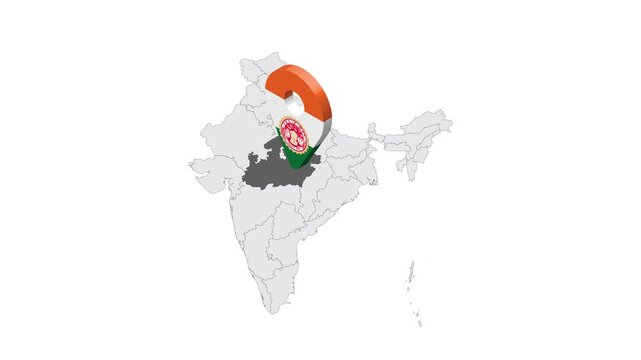 Location Madhya Pradesh on map India. 3d Madhya Pradesh emblem map marker location pin. Map of India showing different parts. 4K.  Animated Video