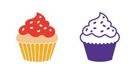 Two colorful stylized cupcakes with different frostings are displayed