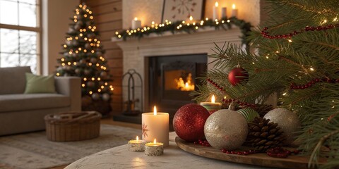 Warm living room interior decorated for Christmas with glowing candles, festive baubles, wreaths, and illuminated tree creating cozy holiday atmosphere. Horizontal stock photo.
