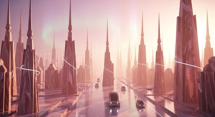 Obraz premium Futuristic cityscape with towering structures and sleek vehicles on the road