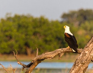 Bird of prey perched on a branch overlooking a lake