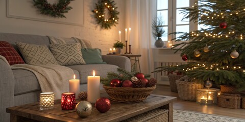 Warm living room interior decorated for Christmas with glowing candles, festive baubles, wreaths, and illuminated tree creating cozy holiday atmosphere. Horizontal stock photo.