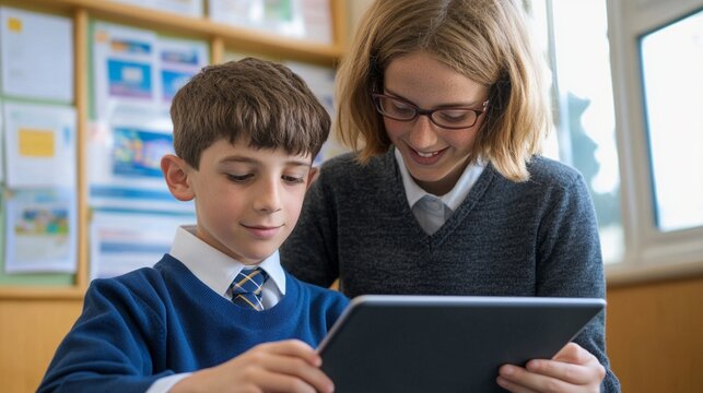 Engaging classroom moment captures student and teacher exploring digital learning together, sharing a tablet with curiosity and collaborative educational enthusiasm