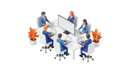 Business meeting in a modern office space with colleagues collaborating around a white table