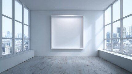 Fototapeta premium Modern minimalist studio space with large windows and empty oversized canvas frame