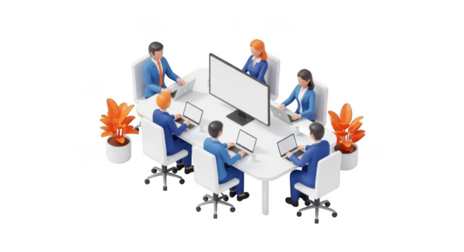 Business meeting in a modern office space with colleagues collaborating around a white table
