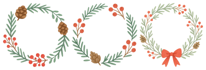 PNG Festive wreaths with pinecones, element set on transparent background