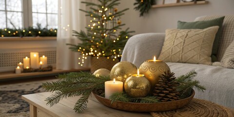 Elegant golden candles and Christmas baubles on table with pine branches in warm living room interior decorated with lights and festive tree. Horizontal stock photo.
