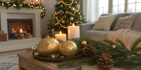 Elegant golden candles and Christmas baubles on table with pine branches in warm living room interior decorated with lights and festive tree. Horizontal stock photo.
