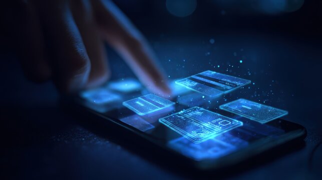 Futuristic mobile banking app interface with glowing secure holograms and digital data streams