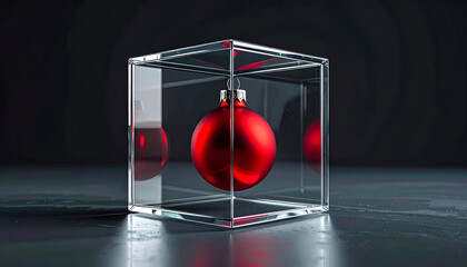 A red christmas ornament enclosed within a transparent glass cube against a dark background.