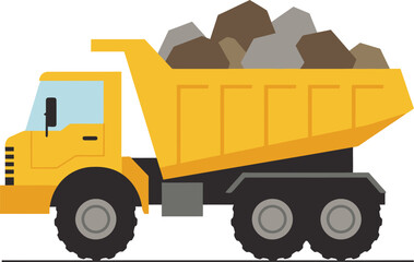 Bright yellow dump truck fully loaded with rocks construction vehicle cartoon flat design vector illustration white background