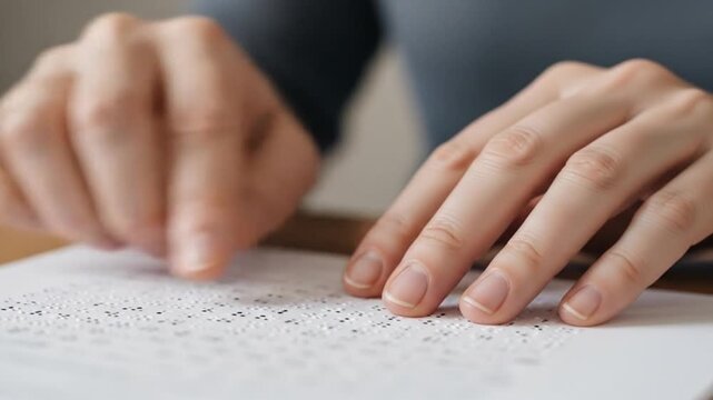 Hands reading Braille text on a page, focusing on tactile learning in a quiet indoor setting