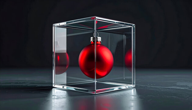 A red christmas ornament enclosed within a transparent glass cube against a dark background.