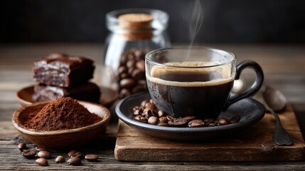 Aromatic Coffee Cup with Brownies and Coffee Beans on Rustic Wooden Table
