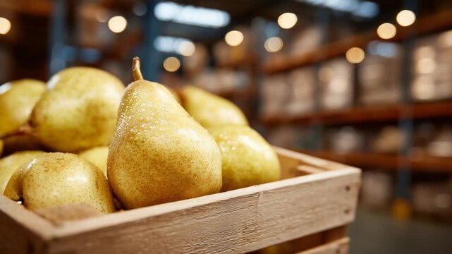 Close-up of frosted pears in a crate with blurred wooden textures and warehouse shelving in the background.