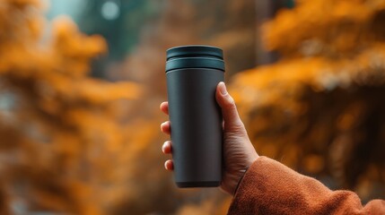 Hand holding dark travel tumbler outdoors blurred background autumn colors warm beverage concept