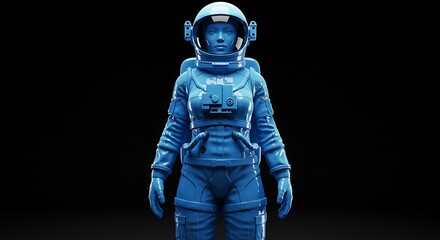 Astronaut in blue spacesuit standing against a dark background