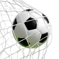 Naklejka premium Soccer ball hitting the net during an intense match outdoor