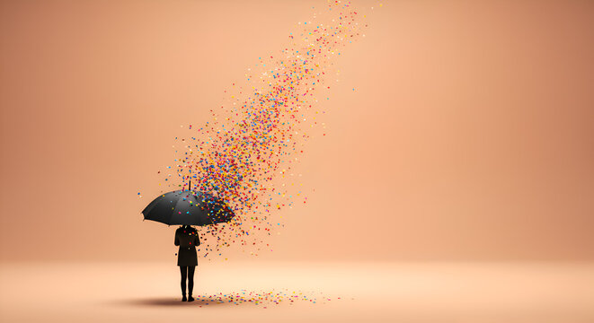 Woman with umbrella under confetti shower on peach background conceptual art for celebration protection and resilience against challenges and adversity.
