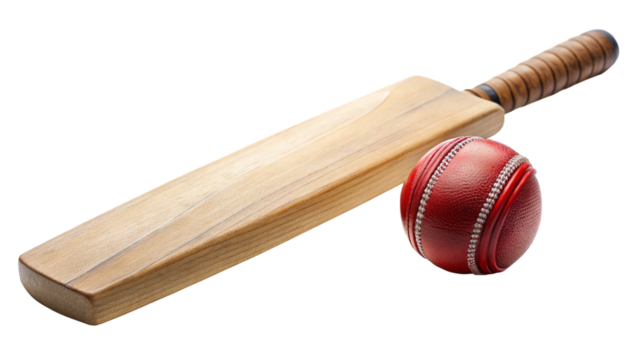 A cricket bat and ball, isolated on a white background, high resolution, realistic product photo style.