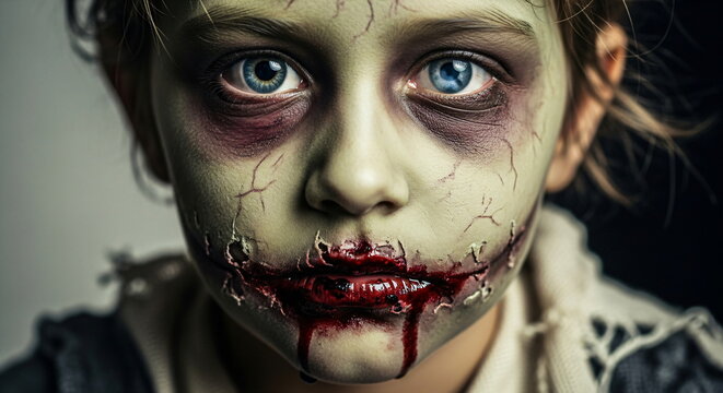 Caucasian child in zombie costume reaching out hand. Kid dressed as walking dead, green face paint, fake blood on Halloween. Trick or treat fun.