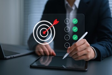 Businessman using digital tablet stylus with holographic target and checklist interface symbolizing business goals, strategy planning and task management
