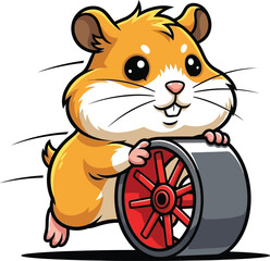 Cartoon hamster pushing a wheel, cute pet on the move, speed