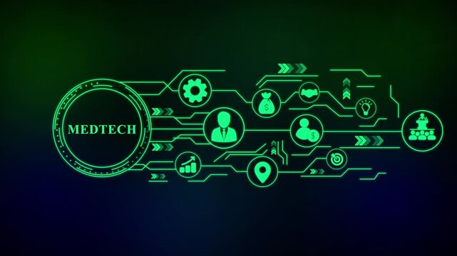 Med Tech Digital Infographic with Healthcare Icons. 4k video  Business, technology, internet and networking concept.