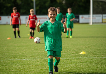 Obraz premium Joyful young soccer player gives thumbs up after practice, representing teamwork, healthy activity, and the thrill of youth sports in vibrant green