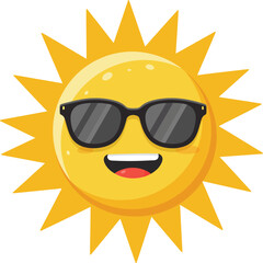 Cartoon sun character wearing sunglasses smiling brightly radiant summer icon flat design vector illustration white background