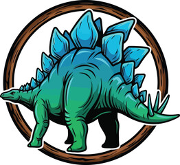Cartoon stegosaurus inside a wooden ring, prehistoric illustration