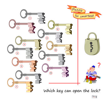 Which key can open the lock? Search and find game. Logic puzzle for children and adults. Develop spatial thinking. Printable page for brain teaser book. Flat vector illustration.