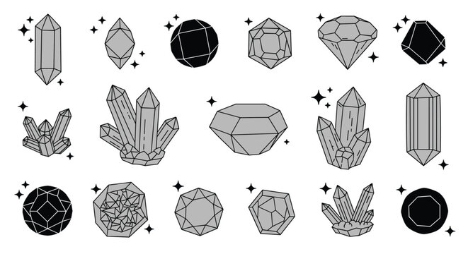 A collection of diverse gemstones and sparkling crystals in various geometric shapes and sizes.