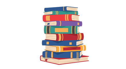 A tall stack of colorful books on a white background.