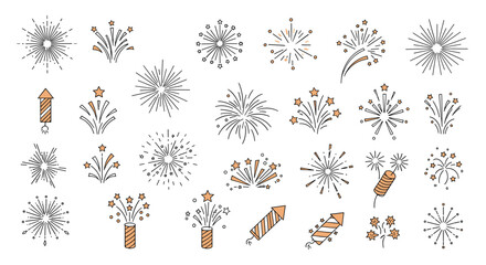 Collection of illustrative firework burst designs and celebratory pyrotechnic elements for festive occasions.
