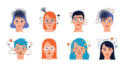 Illustration of people experiencing mental distress and anxiety with confused thoughts and emotions