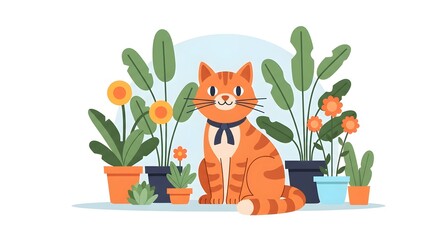 A cartoon-style illustration of a ginger tabby cat sitting amongst potted plants and flowers against a light blue background.