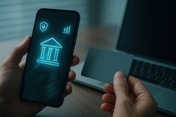 Close up of smartphone with glowing holographic bank building and security icons representing mobile banking, finance technology and secure digital payments