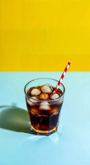 Glass of Cola with Ice and Striped Straw on Light Blue Surface Against Bright Yellow Background for Refreshing Drink Concept
