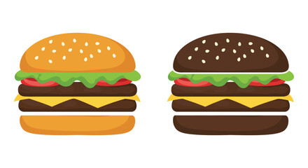 Two stacked burgers with sesame buns and visible ingredients are shown