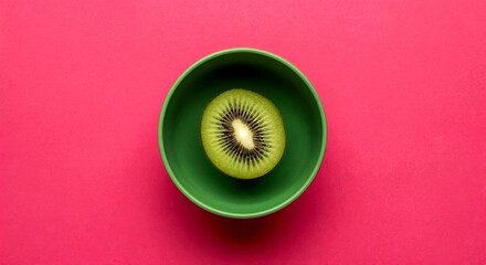 Halved Kiwi in Green Bowl on Bright Pink Background for Fresh Fruit Styling and Bold Color Contrast Concept Visual
