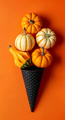 Black Waffle Cone Filled with Assorted Mini Pumpkins and Gourds on Bright Orange Background for Autumn Concept Visual
