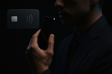 Businessman holding smartphone with holographic credit card symbolizing secure contactless payments, digital wallet and mobile finance technology

